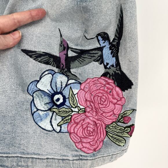 Homme + Femme NEW Embroidered Paradise Denim Shorts Unisex 44 Blue Hummingbird - Picture 4 of 12